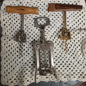 Lot Of 2 T-Handle Bell & 1 Winged Silverplated E.B. Italy Corkscrews Vtg